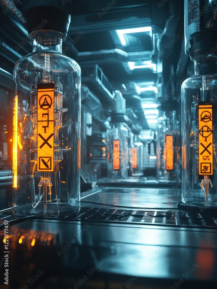 Poster futuristic lab with glowing vials in a row and industrial setting, advanced technology and science