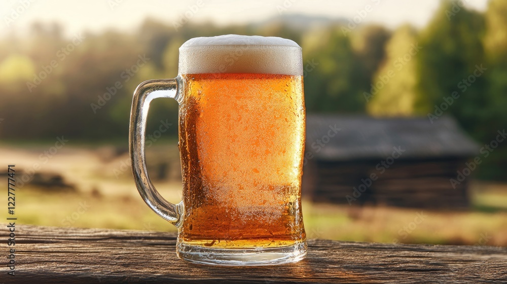 Poster frosty beer glass with condensation in a natural setting showcasing craft brewing and inviting empty
