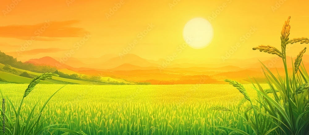 Poster serene sunset over lush green rice fields with ample empty space for text and design elements