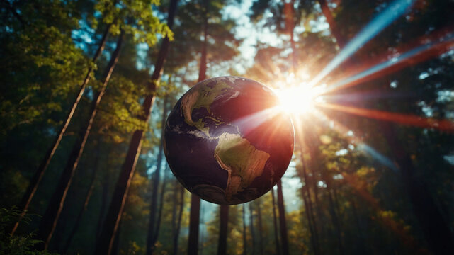 Earth on the forest background, international day of forests 