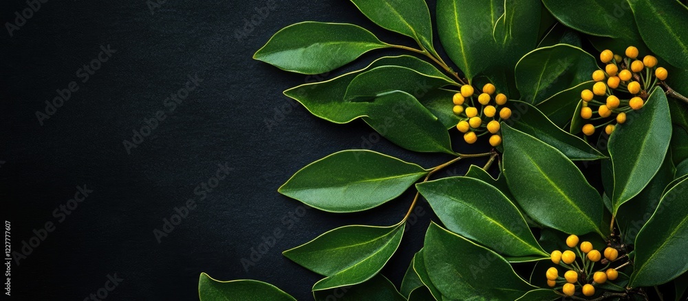 Poster lush green leaves with yellow flower buds arranged on a dark background creating a serene space for 