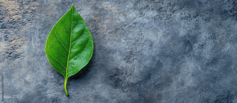 Poster green leaf on textured stone surface with copy space for text in natural and minimalistic background