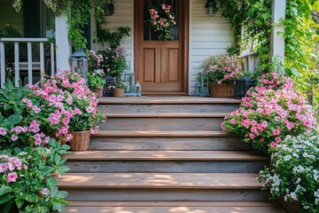 Porch of a house decorated with colorful beautiful spring flowers	