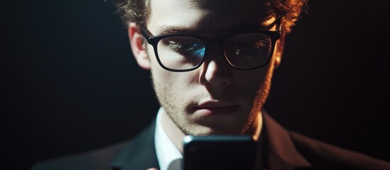 Young businessman in glasses intently using smartphone in dim office environment with space for text or graphic content