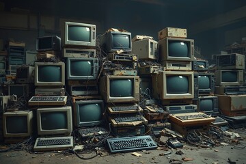 Ein Haufen veralteter Computer, Monitore etc. türmt sich in einem düsteren Raum. Staubige Schaltkreise und verworrene Kabel symbolisieren den Verfall der Technik und den Wandel der digitalen Ära.