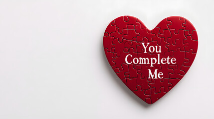 Valentine's Day card with a large heart-shaped puzzle piece and the message "You Complete Me" inside isolated on white background in HD