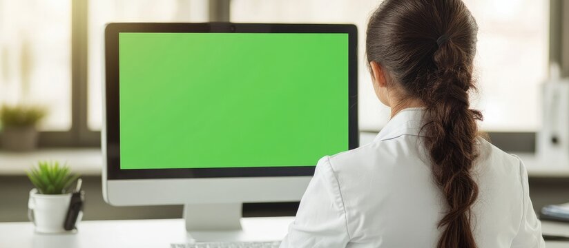 Female doctor focused on green screen monitor in modern office with ample copyspace for text and a touch of greenery in the background.