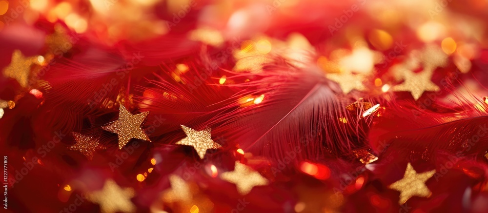 Poster golden stars scattered over vibrant red feathers creating a festive atmosphere with ample space for 