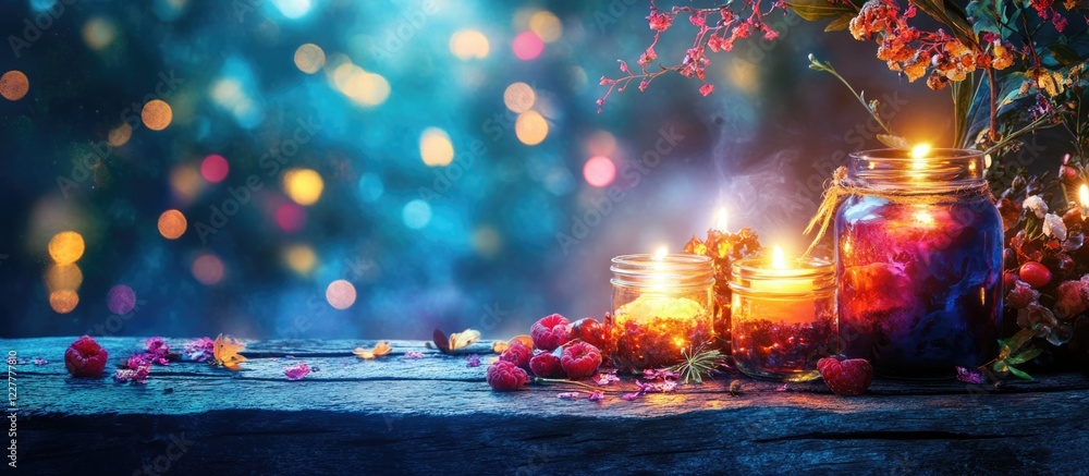 Poster fantasy dessert table with glowing jars enchanted candles and colorful bokeh background for text ove