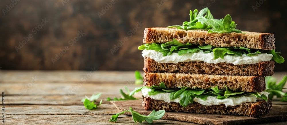Poster healthy whole grain sandwich with cream cheese and fresh herbs on rustic wooden table with blank spa