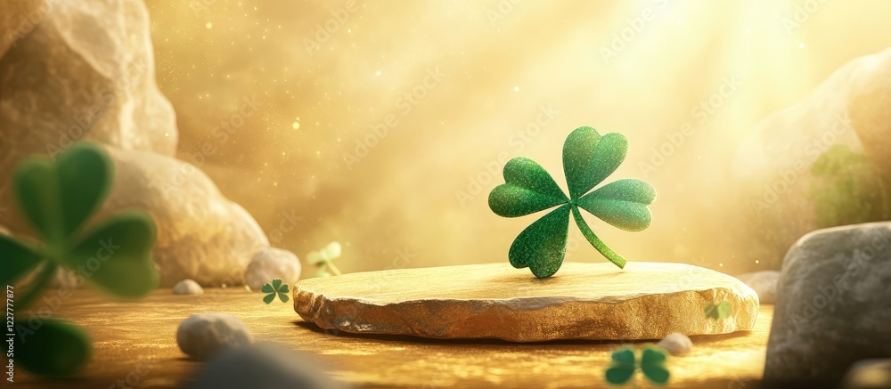 Poster shamrock on a golden stage with green stone for product promotion and empty space for custom text in