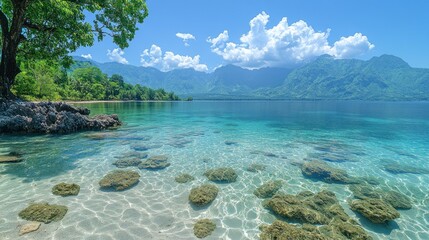 Fototapeta premium Tropical Shoreline with Clear Water and Distant Mountains on Sunny Day Landscape