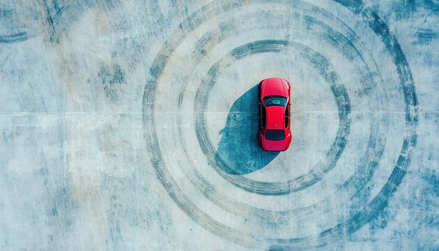 Aerial view of red car with circular tire tracks on a light concrete surface