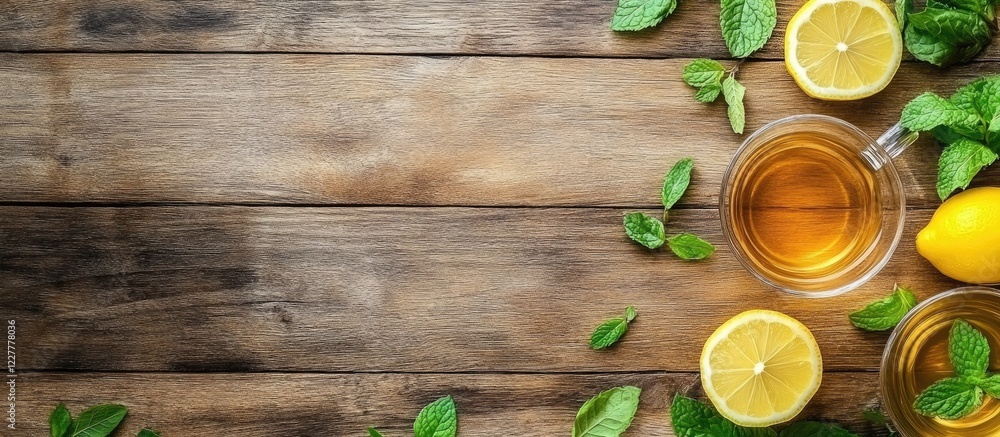 Poster green tea with lemon and fresh mint on rustic wooden table with empty space for text relaxation and 