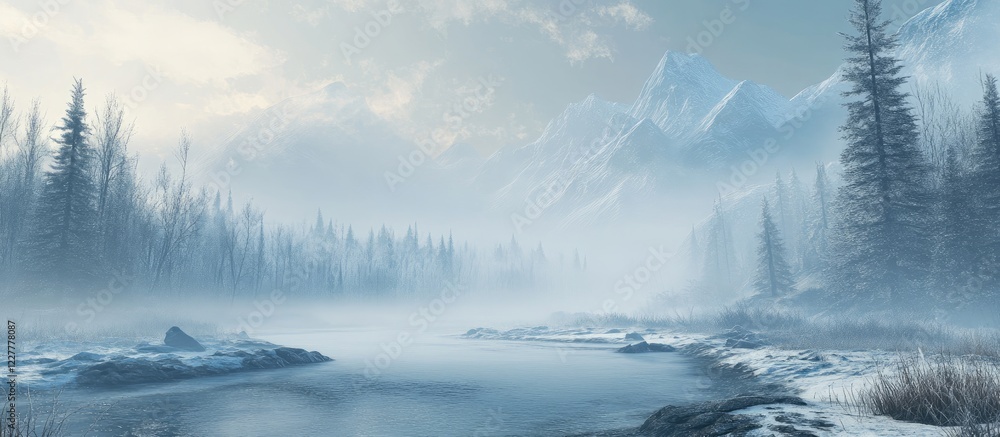Poster foggy winter landscape with dense forests and mountains reflected in calm water creating an ethereal