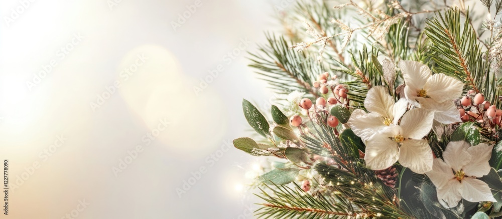 Poster elegant christmas card design with vibrant choisya and pine branches complemented by a soft blurred 