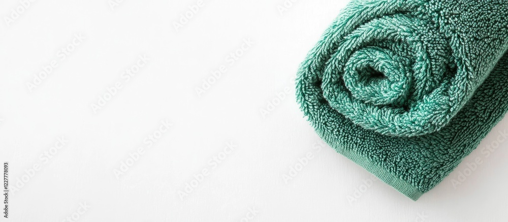 Poster rolled green towel on white background with empty space for text or branding use in spa and bathroom