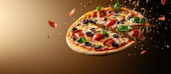 Dynamic flying pizza loaded with assorted toppings against a gradient background with ample copy space for promotional text or advertisements.