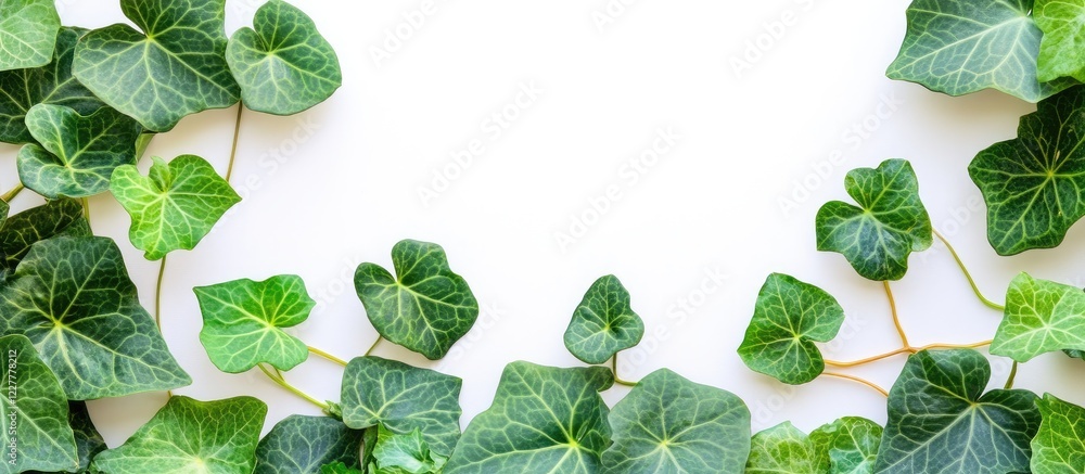 Poster green ivy leaves arranged on a white background creating a natural frame with ample copy space for t