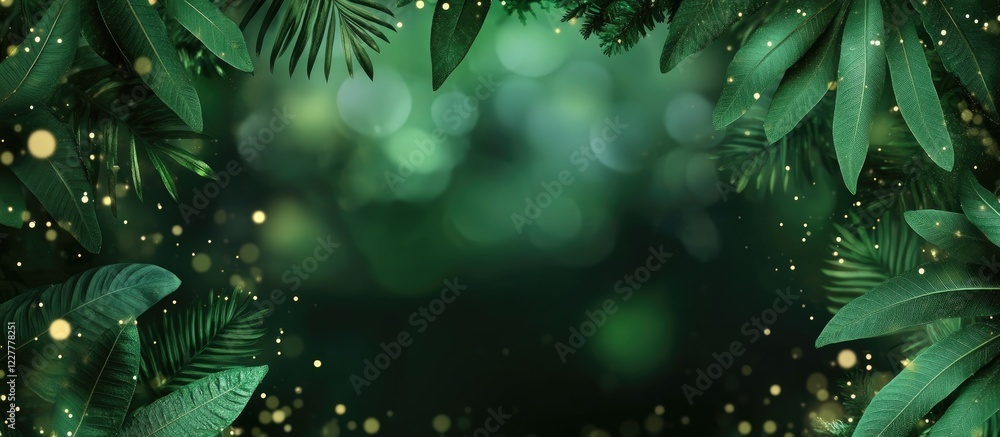 Poster lush green leaf background with blurred nature bokeh and empty space for text in a serene atmosphere
