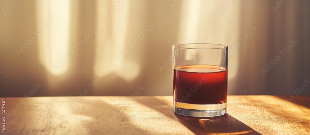 Poster beet juice in glass on sunlit kitchen table with soft shadows and empty space for text or branding