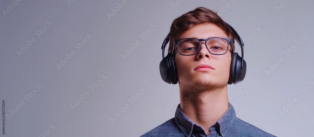 Poster male programmer concentrating with noise cancelling headphones in studio setting providing copy spac