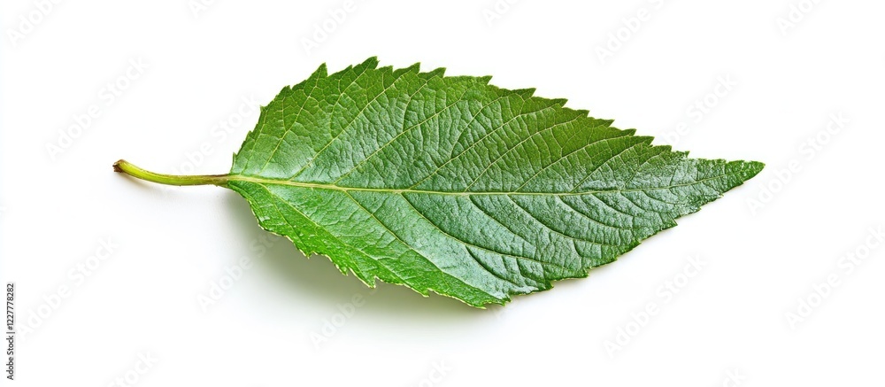 Poster fresh green leaf on a blank white background providing ample space for text or design elements in pr
