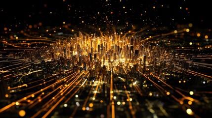 Naklejka premium Golden light trails are connecting buildings in a futuristic smart city at night, showcasing the concept of data flow and interconnectedness in urban development