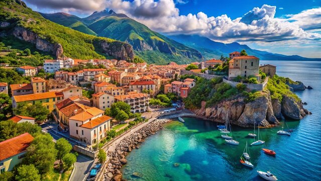 Colorful Summer Cityscape of Maratea, Italy: Aerial View of Mediterranean Coastline