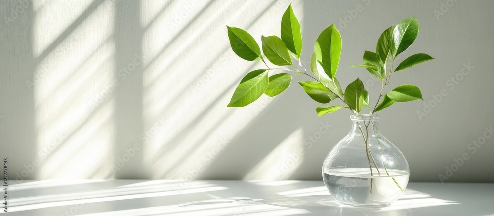 Aufkleber green leaves in a clear vase on a white table with a bright sunny background minimalist design featu