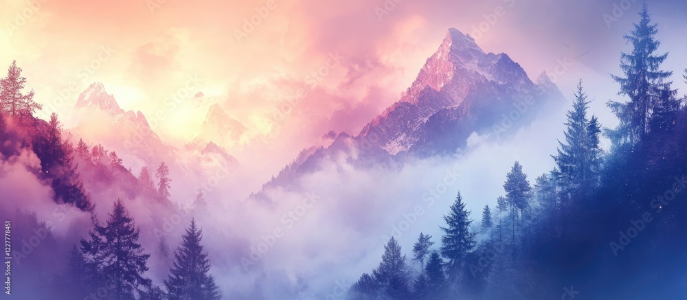 Aufkleber foggy mountain landscape at dawn with dramatic clouds and soft light creating an ethereal atmosphere