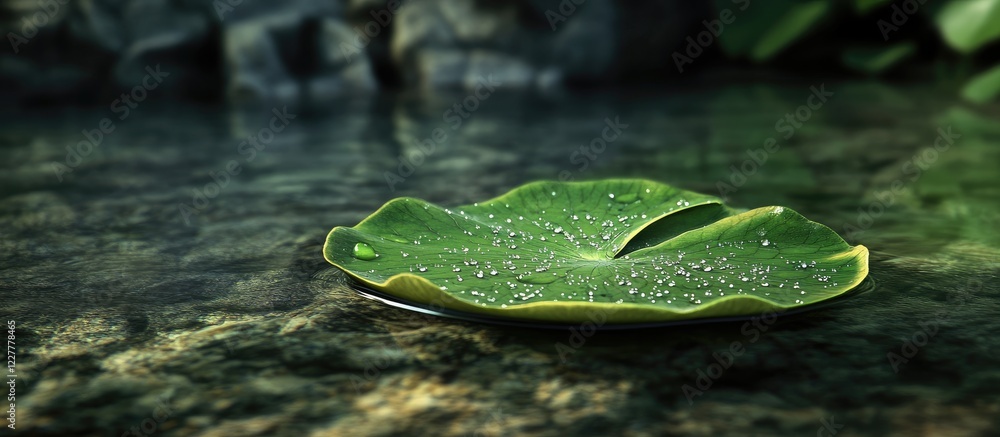 Aufkleber close up of green leaf with dew drops floating on water surface surrounded by natural elements and a