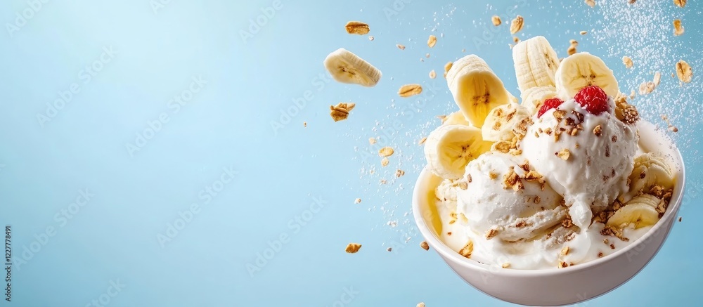 Aufkleber delicious ice cream sundae with bananas and toppings on blue background with empty space for text