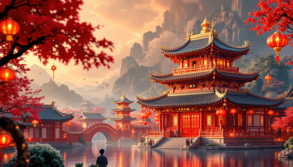 Fototapeta premium Serene Autumn Sunset at a Chinese Temple