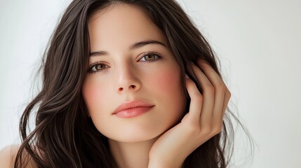 Naklejka premium Close-up portrait of an elegant young woman with serene expression and long brunette hair touching her face, studio shot on a white background