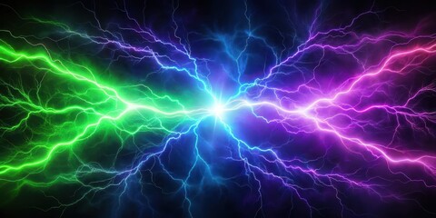 Electric green lightning bolts illuminating a dark abstract background with swirling purple and blue hues, abstract background, electric green lightning