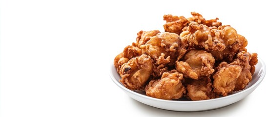 Food festival background featuring a plate of deep fried mushrooms on white with ample copy space for promotional text or branding.