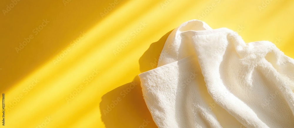 Poster folded white towel on vibrant yellow background with soft shadows and ample empty space for your tex