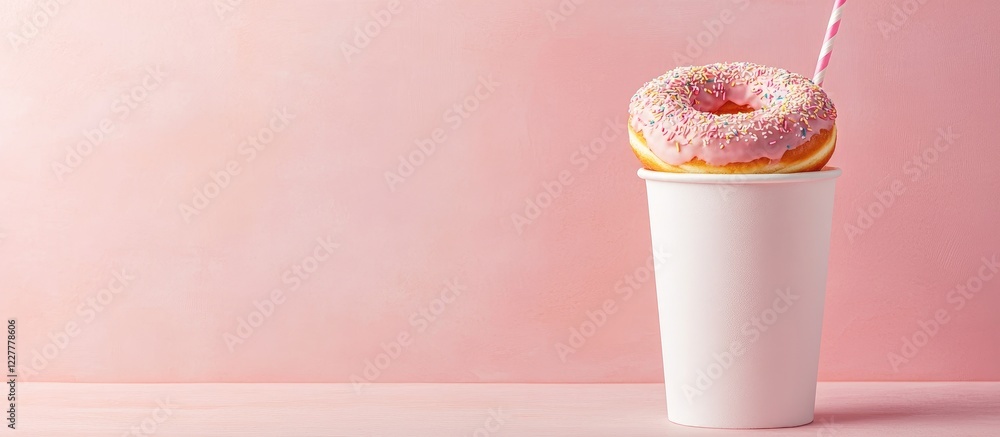Poster foam cup topped with colorful donut and straw on pastel background with empty space for creative tex