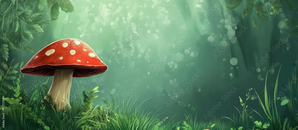 Poster fly agaric mushroom in lush forest setting with soft focus and space for text ideal for home and off