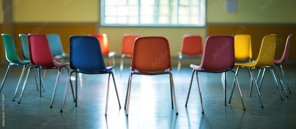 Poster diverse chairs arranged in a circle for a focus group discussion with ample empty space for text and