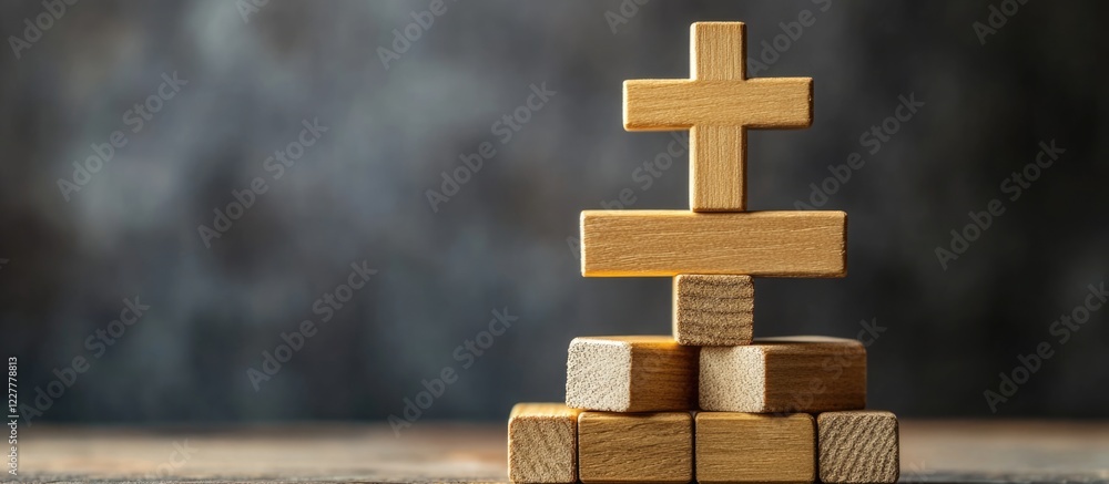 Aufkleber wooden building blocks forming a cross symbolizing evangelization with copy space for text