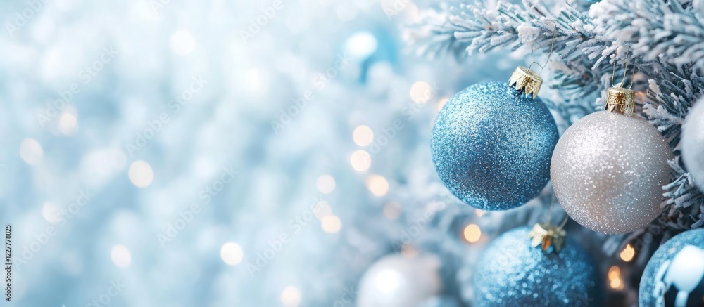 Poster festive background featuring elegant blue and silver ornaments on a tree with soft bokeh and empty s
