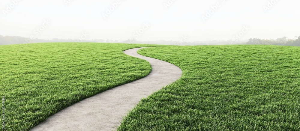 Poster winding path through lush green pasture with expansive copy space for text and ideas in a serene lan
