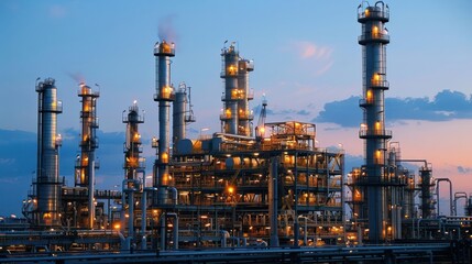 Fototapeta premium Industrial complex illuminated at dusk, showcasing towering structures against a twilight sky
