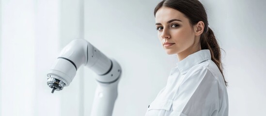 Female Engineer Collaborating with Advanced Robotic Arm in Modern Lab Setting with Space for Text Integration