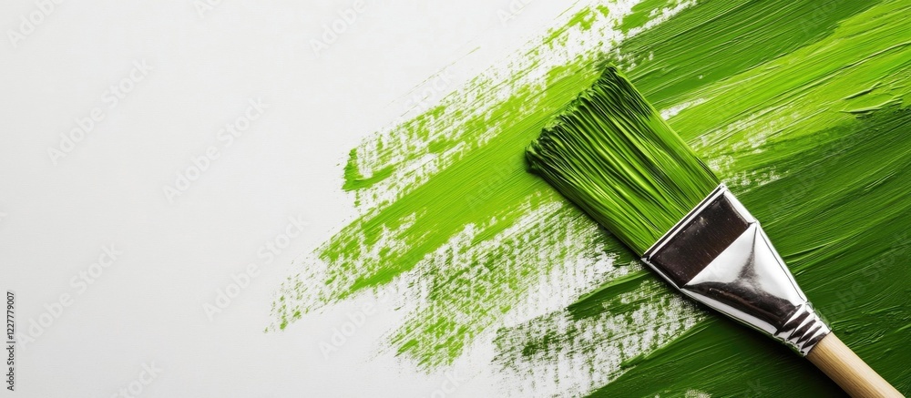 Poster green paint and brush on white background with ample empty space for creative text or design applica
