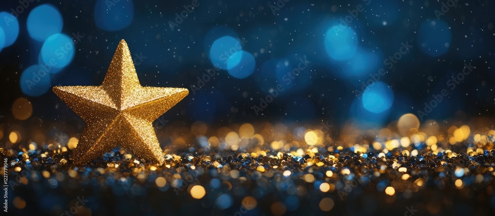 Poster glittering golden star decoration on a shimmering background with bokeh lights creating a winter won