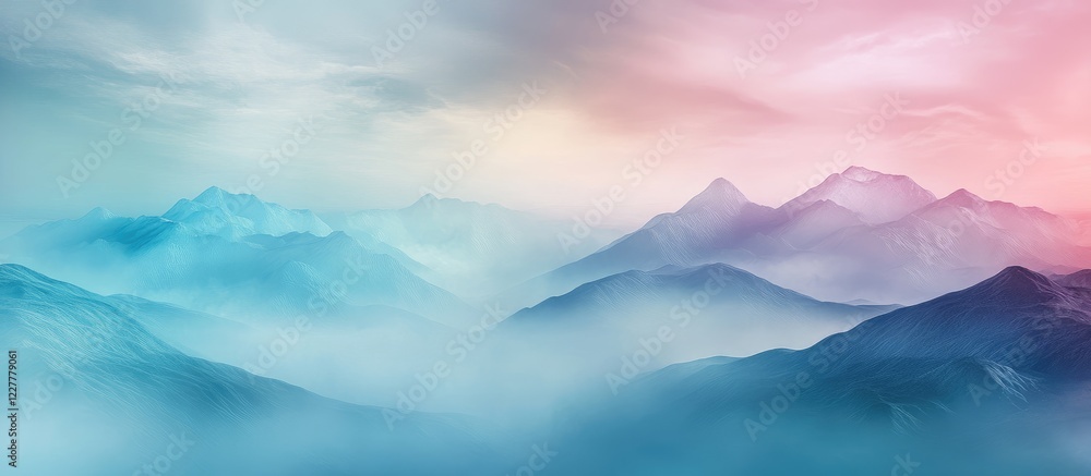Poster fog-covered fantasy mountains in ethereal colors with soft gradients and vast empty space for text i