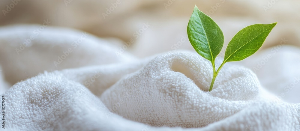Poster green leaf plant sprouts emerging from a white cotton towel with ample empty space for text and desi